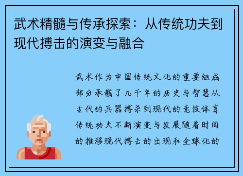 武术精髓与传承探索：从传统功夫到现代搏击的演变与融合